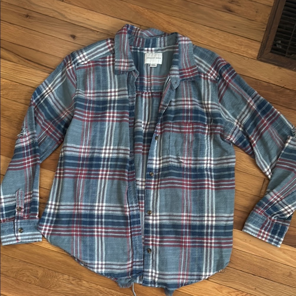 American Eagle Outfitters Blue and Red Casual Button Down Shirt